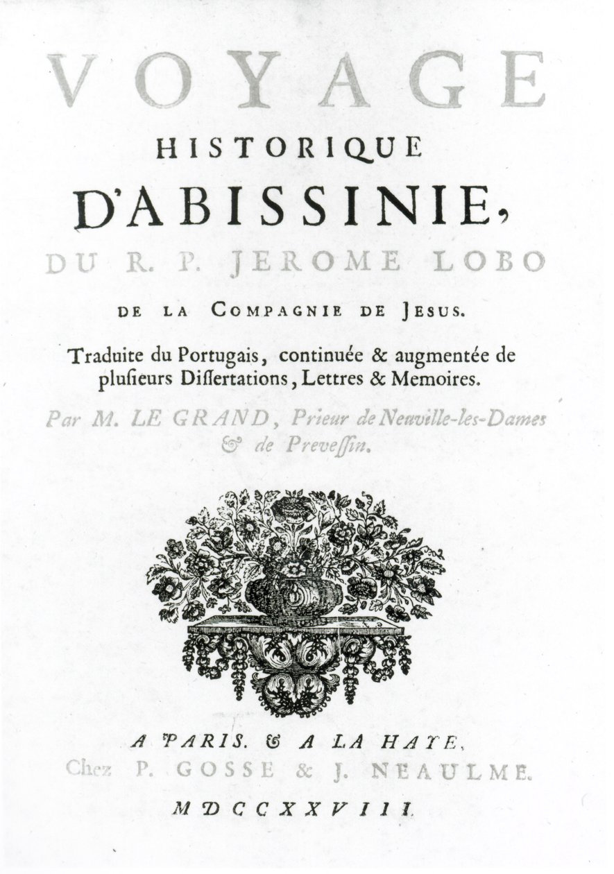 Frontispicio de la traducción francesa de Viaje a Abisinia por Jeronimo Lobo (c.1596-1678) publicado en 1728 de French School