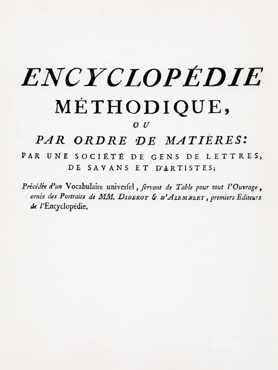 Frontispicio de la Enciclopedia Metódica por Orden de Materias, editada por Denis Diderot y Jean Le Rond d