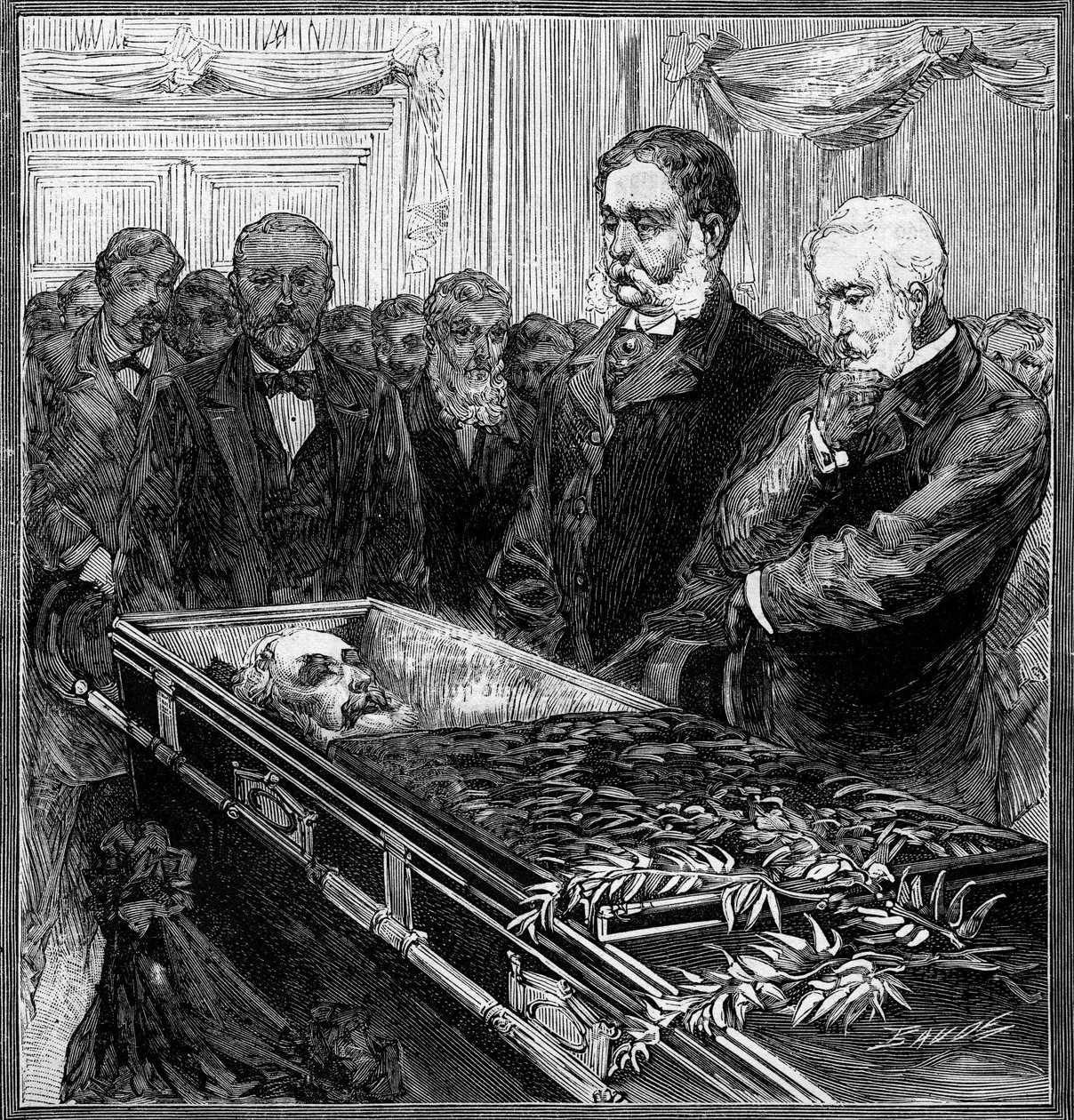 Funeral de James Abram Garfield (1831-1881), Presidente de los Estados Unidos: su reemplazo, Chester Alan Arthur (1830-1886) y el Secretario Blain frente al ataúd bajo la cúpula del Capitolio de Washington. Grabado en 
