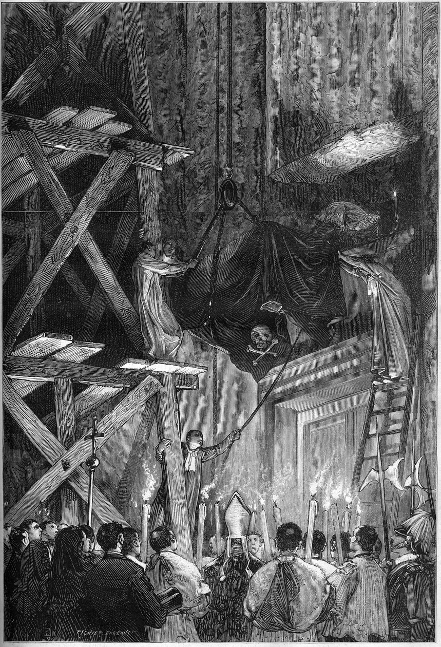Funeral del Papa Pío IX (Pio) (1792-1878): el entierro del cuerpo en la Basílica de San Pedro en Roma. Grabado en "Le Monde Illustré" n°1093 del 9 de marzo de 1878 de French School