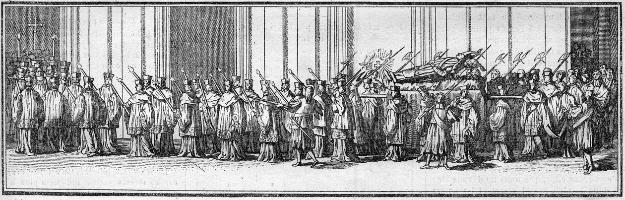 Funeral de un papa en el siglo XVIII: el cuerpo del papa llevado a la Iglesia de San Pedro en Roma. Grabado en “Histoire des religions” de French School