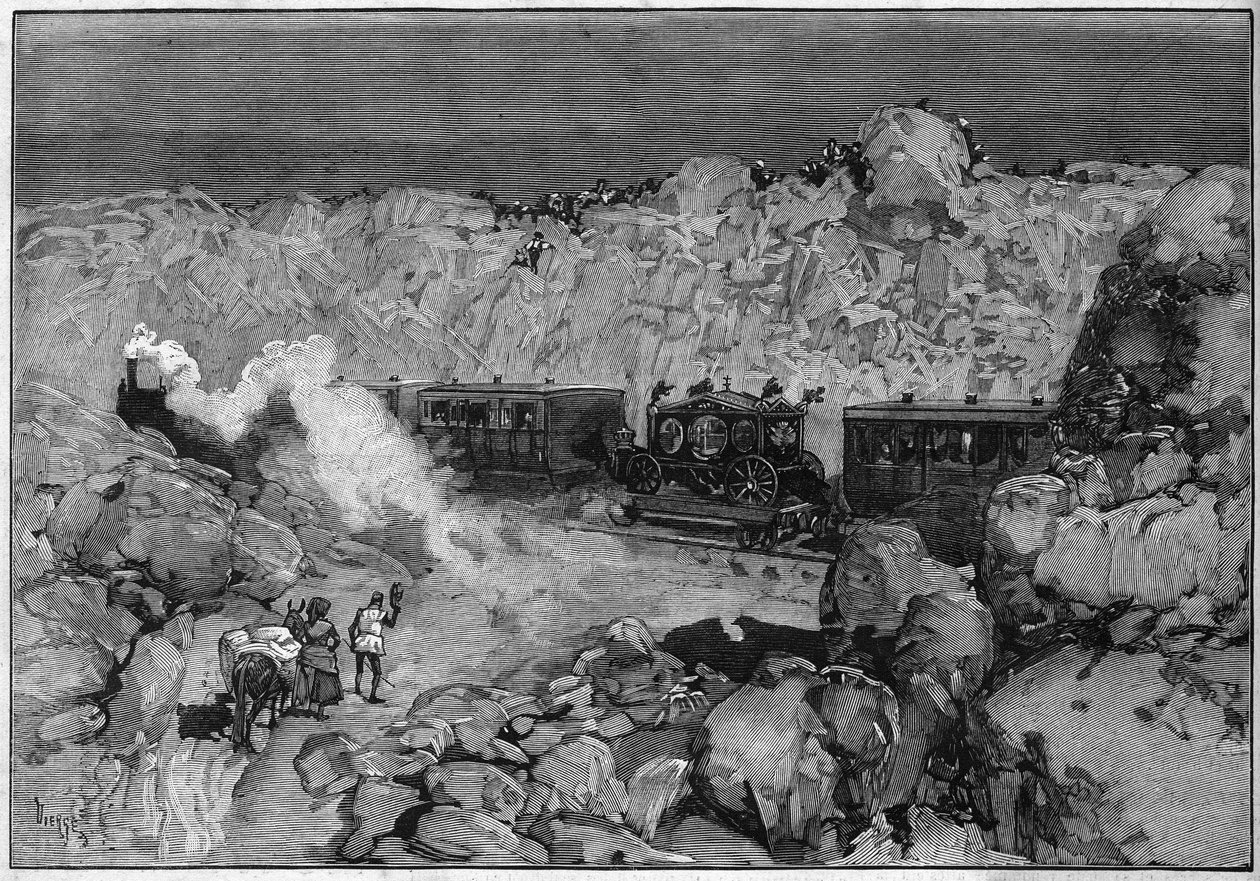 Funeral de la Reina de España Mercedes de Orleans (María de las Mercedes de Orleans) (1860-1878): el tren fúnebre del Escorial. Grabado en “Le Monde Illustré” n°1112 del 20 de julio de 1878 de French School