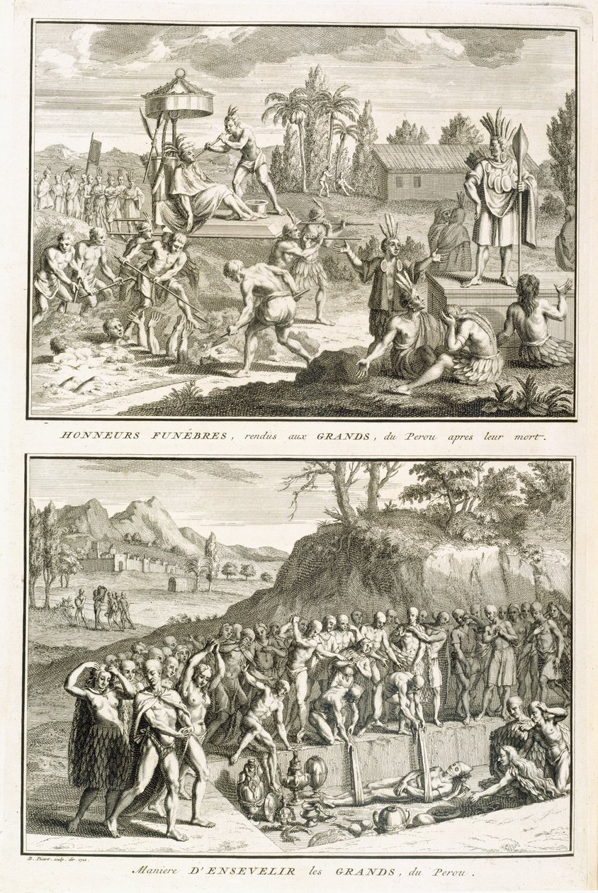 Ritos funerarios y la manera de enterrar a los señores después de su muerte, en Perú, ilustración de Ceremonias y Costumbres Religiosas, grabado por Bernard Picart (1673-1733) 1722 de French School