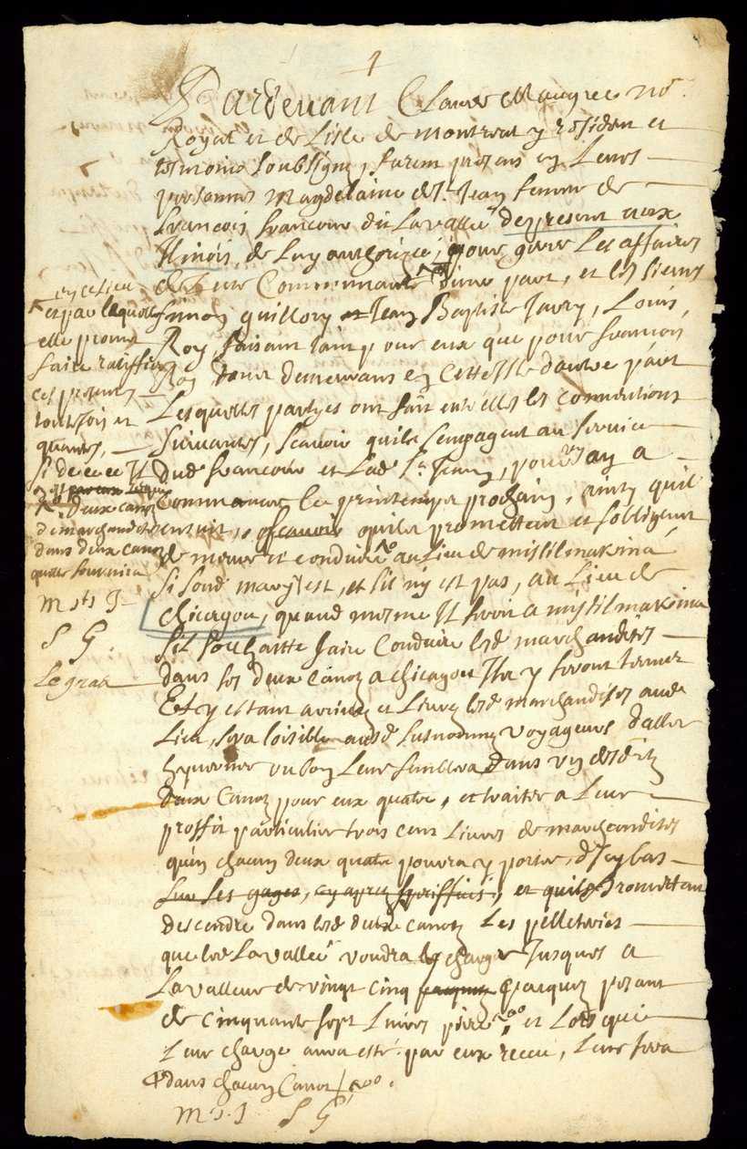 Contrato de comercio de pieles entre Francois Francoeur y cuatro voyageurs para el transporte de mercancías y la compra de pieles de castor en Michilimackinac y Chicago, 1692 de French School