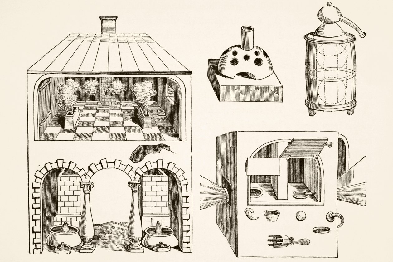 Hornos y diversos aparatos utilizados por químicos y alquimistas en la Edad Media, según un grabado de Vriese, de Science and Literature in The Middle Ages de Paul Lacroix pub. Londres 1878 de French School