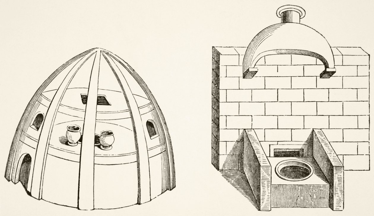 Hornos, como los utilizados por científicos y alquimistas en la Edad Media, de Ciencia y Literatura en la Edad Media por Paul Lacroix (1806-84) publicado en Londres 1878 de French School