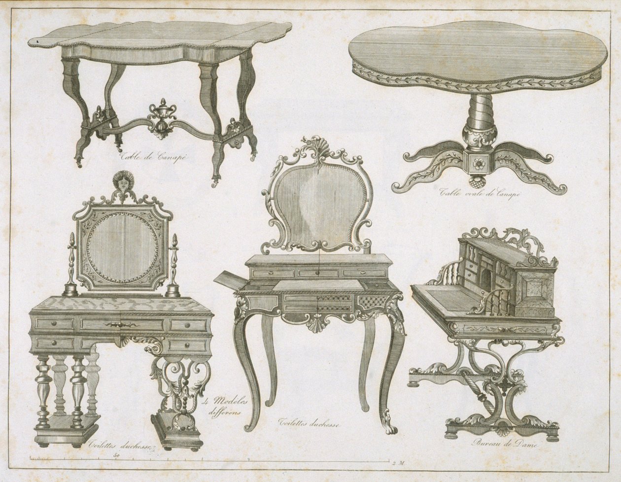 Diseños de muebles por Lefevre-Chauveaux, del Álbum Dessins de Meubles, grabado en blanco y negro de French School