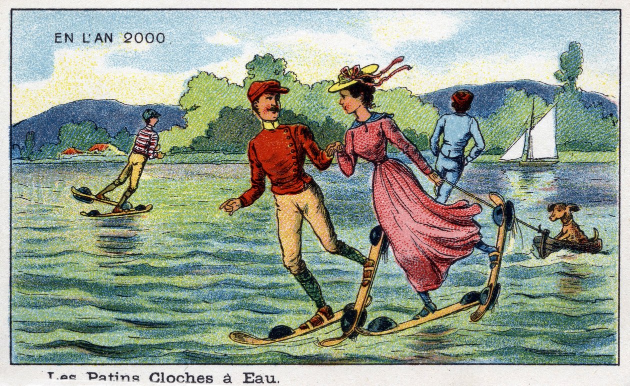 Días futuros: Una visión del siglo XIX del año 2000 - Serie “En el año 2000”: Patines de campanas de agua. Cromolitografía de Villemard de French School