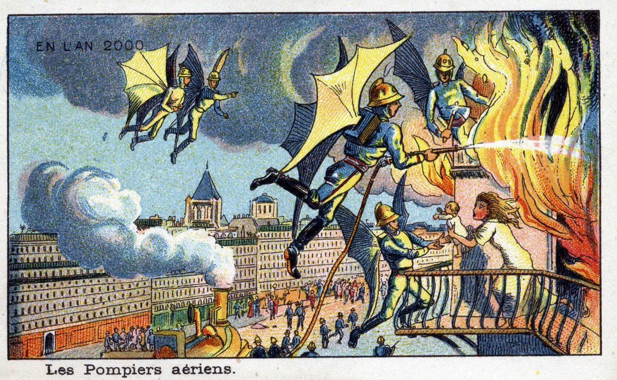 Días futuros: Una visión del siglo XIX del año 2000 - Serie “En el año 2000”: los bomberos aéreos - Cromolitografía de Villemard de French School