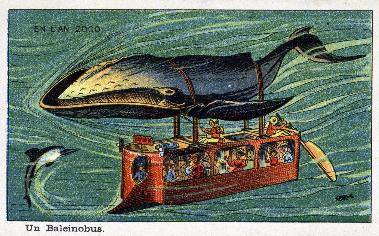Días futuros: Una visión del siglo XIX del año 2000 - Serie “En el año 2000”: Una ballena (un submarino llevado por una ballena). Cromolitografía de Villemard de French School