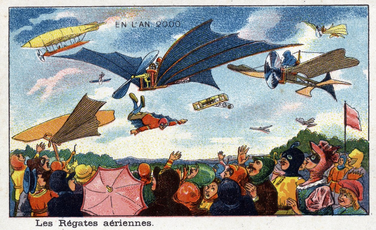 Días futuros: Una visión del siglo XIX del año 2000 - Serie “En el año 2000”: las regatas aéreas - Cromolitografía de Villemard de French School
