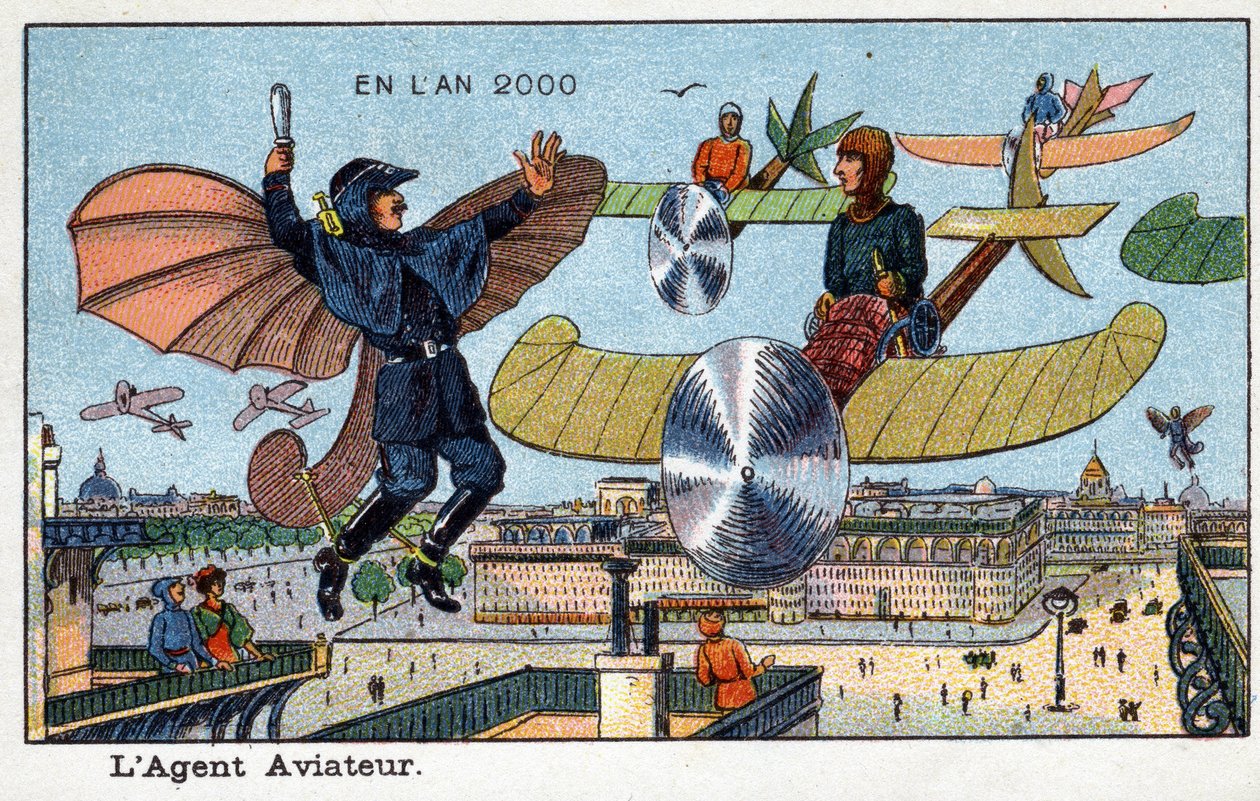 Días futuros: Una visión del siglo XIX del año 2000 - Serie “En el año 2000”: El aviador - Cromolitografía de Villemard de French School