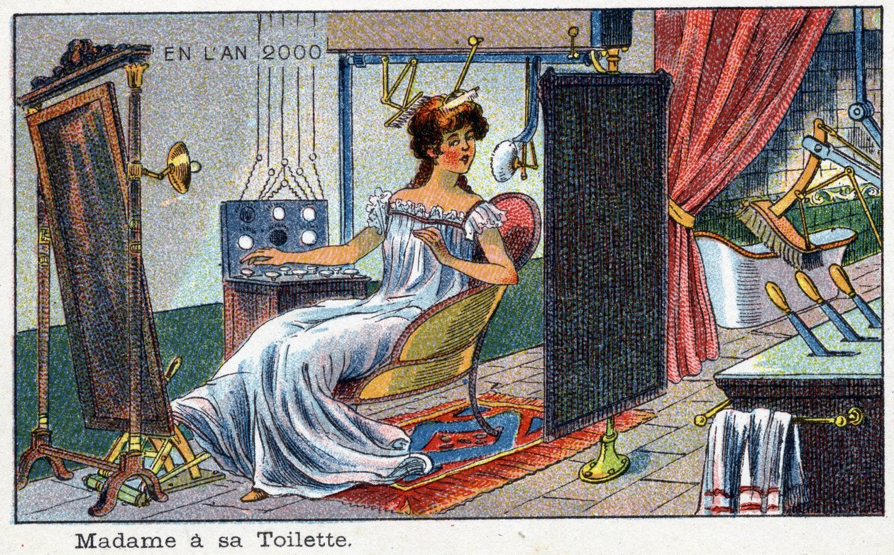 Días futuros: Una visión del siglo XIX del año 2000 - Serie “En el año 2000”: Madame en su tocador (automatizado). Cromolitografía de Villemard de French School