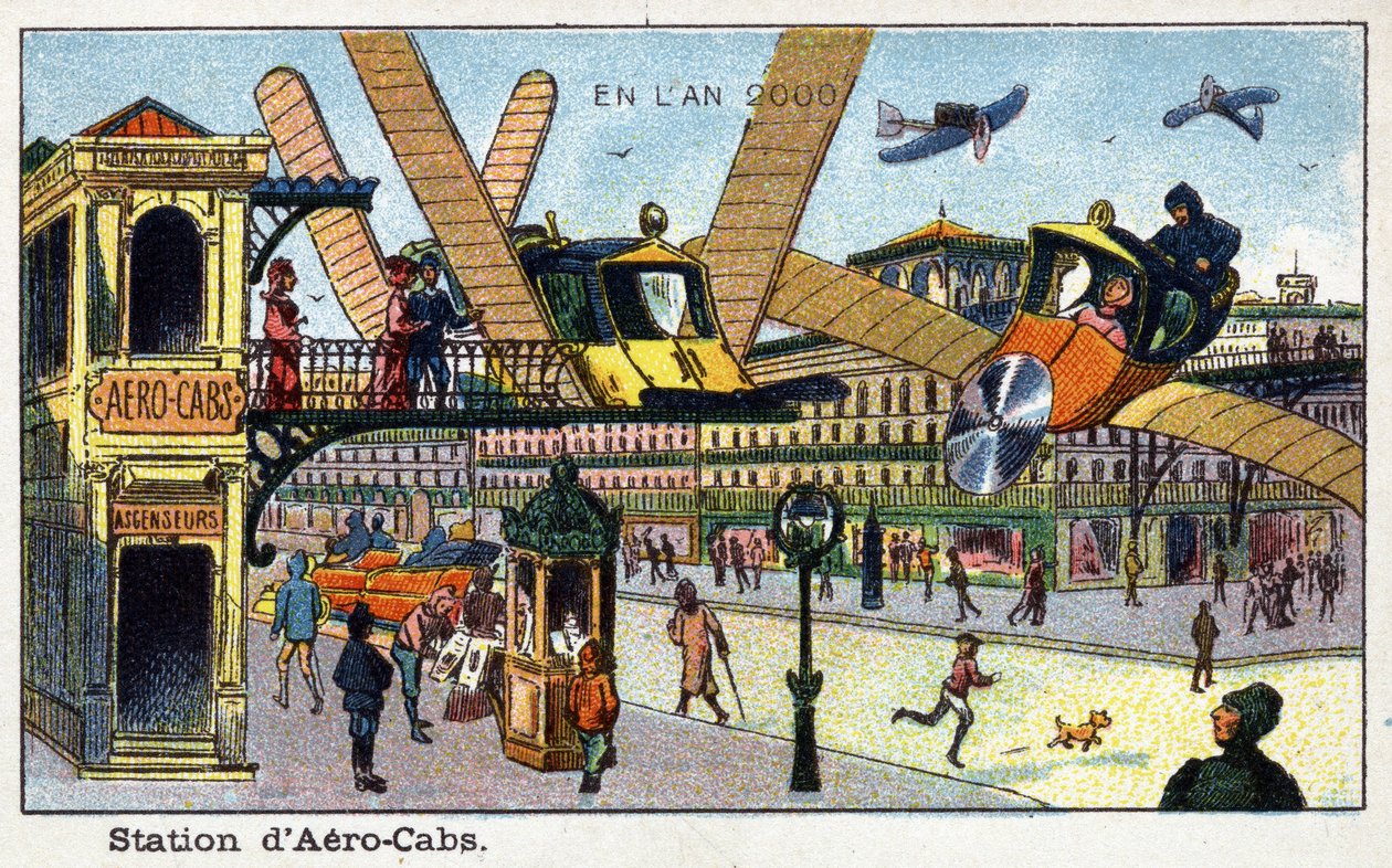 Días futuros: Una visión del siglo XIX del año 2000 - Serie “En el año 2000”: Estación de aerocabinas - Cromolitografía de Villemard de French School