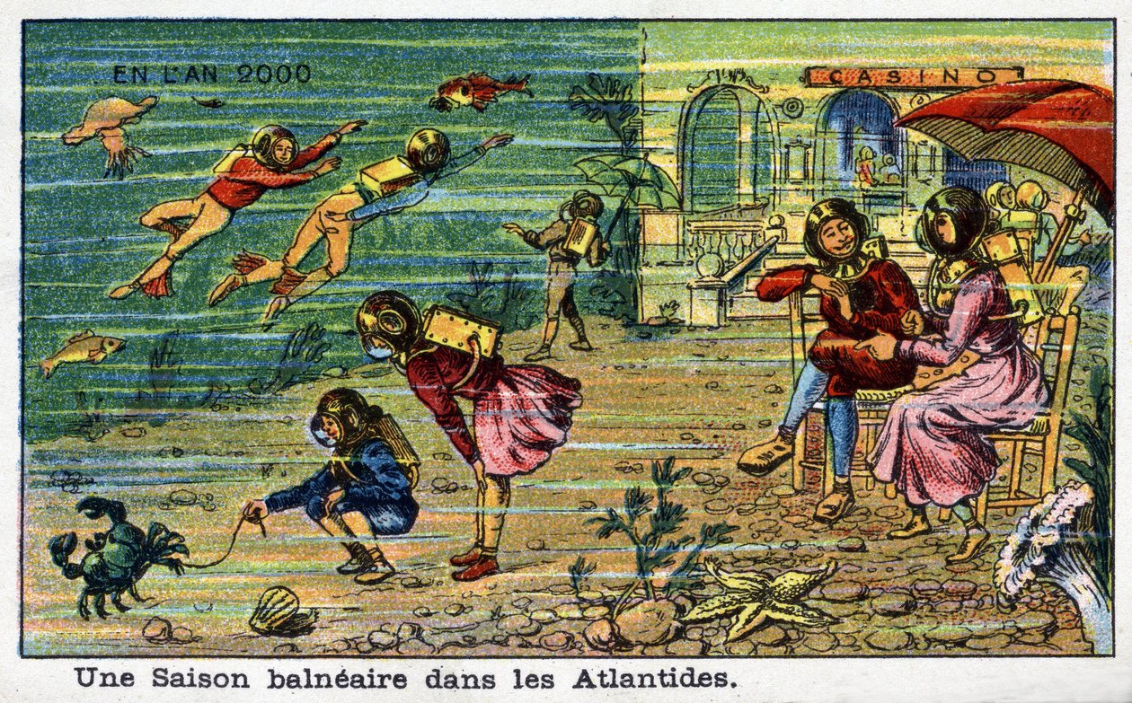 Días futuros: una visión del siglo XIX del año 2000 - Serie "En el año 2000": una temporada en la playa en Atlantis. Cromolitografía de Villemard de French School
