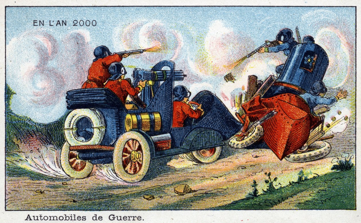 Días futuros: Una visión del siglo XIX del año 2000 - Serie “En el año 2000”: Automóvil de guerra. Cromolitografía de Villemard de French School