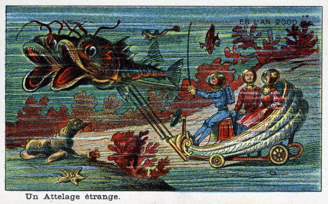 Días futuros: Una visión del siglo XIX del año 2000 - Serie “En el año 2000”: Un extraño enganche (tanque tirado por peces bajo el mar). Cromolitografía de Villemard de French School