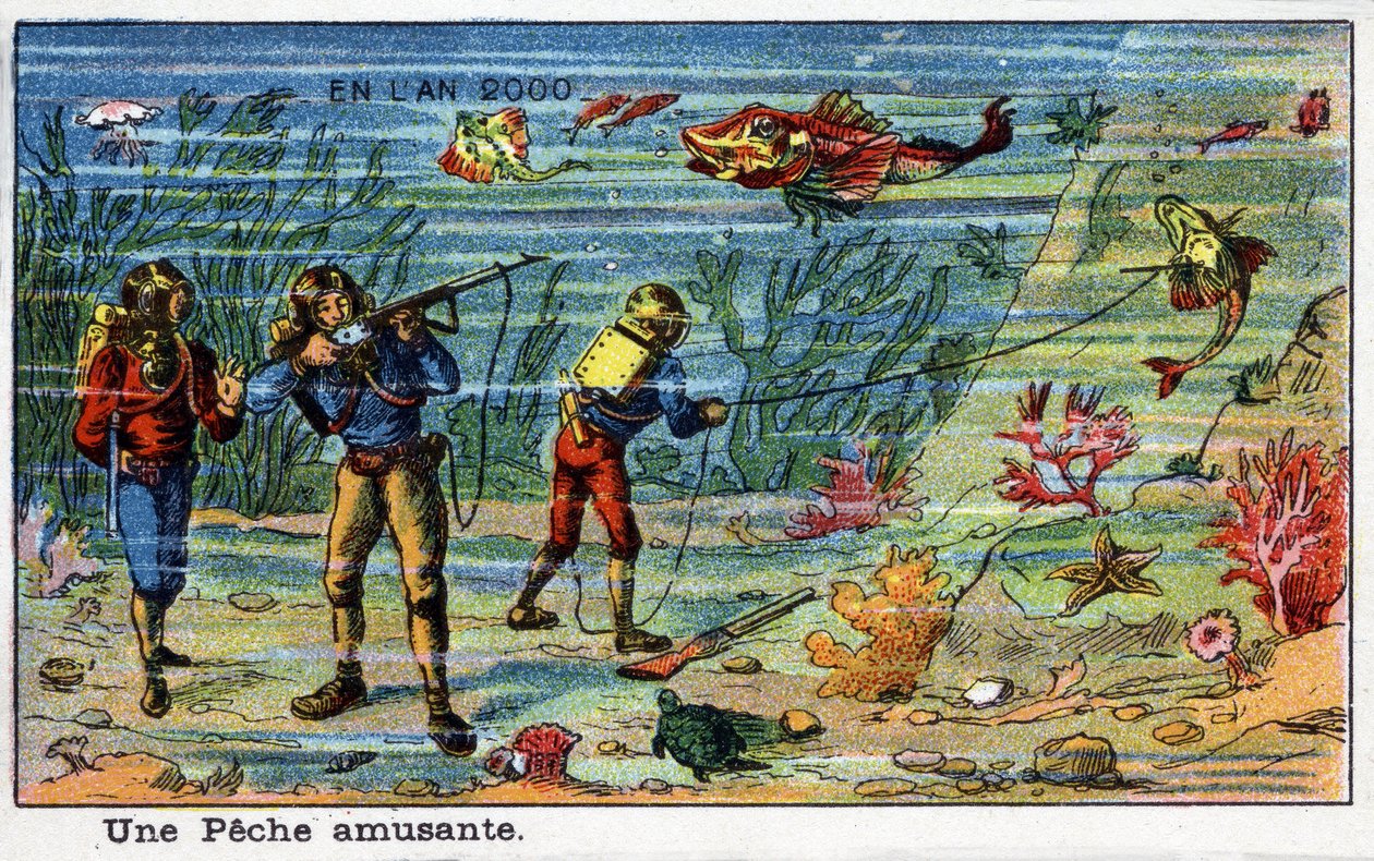 Días futuros: Una visión del siglo XIX del año 2000 - Serie “En el año 2000”: Una pesca divertida (bajo el mar). Cromolitografía de Villemard de French School
