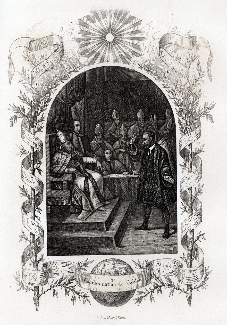 Galileo Galilei (1564-1642) ante el Santo Oficio en el Vaticano. El astrónomo fue sentenciado por el Tribunal de la Inquisición en 1632. Grabado para ilustrar Histoire des popes de Maurice Lachatre (1814-1900), librería del progreso, París. de French School