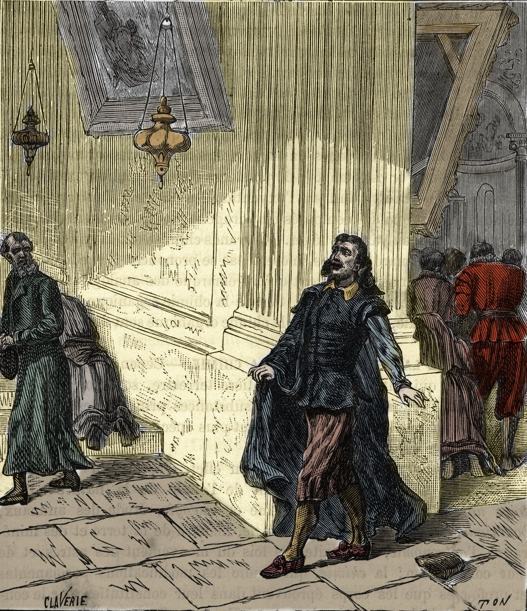 Galileo Galilei (1564-1642), científico italiano, observando el balanceo pendular de una lámpara en la Catedral de Pisa, Italia, en 1582 - Grabado en “Ciencias al alcance de todos - Física y química populares” por Alexis Clerc - Finales del siglo XIX - Col de French School