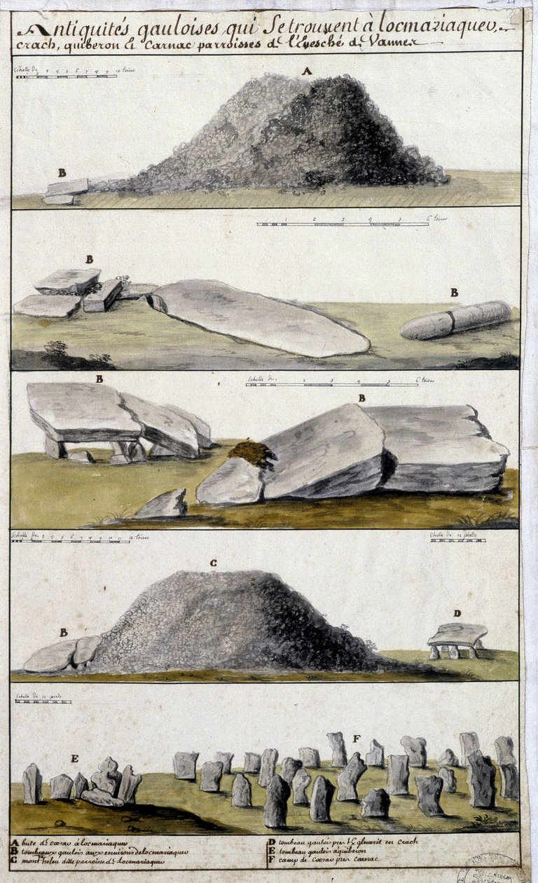 Antigüedades galas ubicadas en Locmaziaquev, Crach, Quiberon y Carnac, parroquias del Obispado de Vanne - en “Descripción histórica, topográfica y natural de Bretaña” por Robien de French School