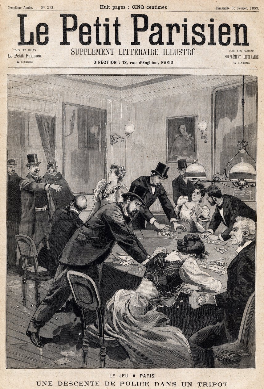 Casa de juegos en París: Redada policial en un club de juego (casino). En el periódico "Le Petit Parisien" el 26/02/1893 (grabado) de French School