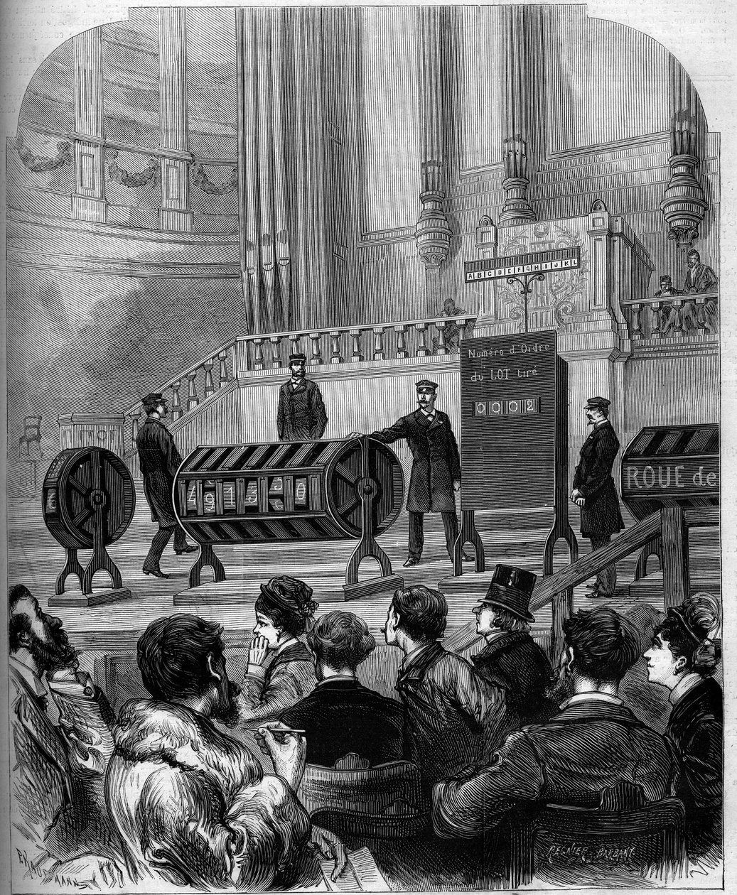 Juego de azar: sorteo de la Lotería Nacional en la sala de fiestas del Trocadero el 6 de enero de 1879 en París. Grabado en "Le Monde Illustré" n°1140 del 1 de febrero de 1879 de French School
