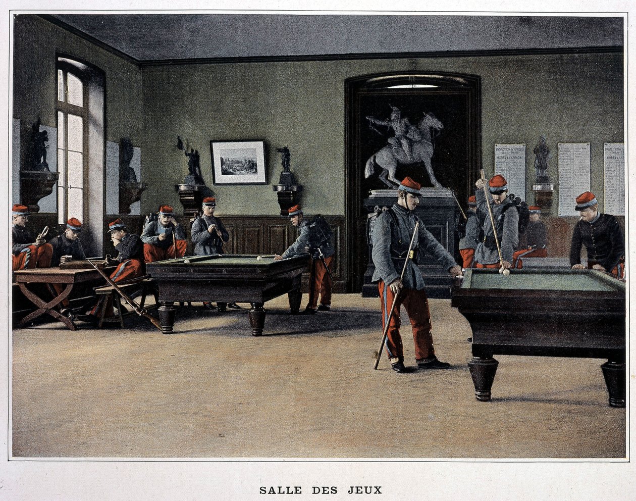 Sala de juegos: soldados jugando al billar - en "Album militaire" - infantería de French School