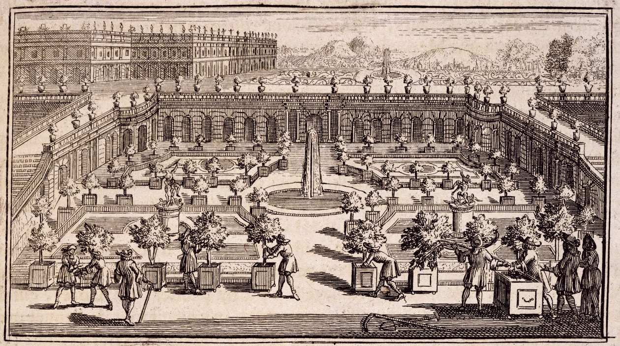Jardineros trabajando en un jardín de naranjas, de Le Parfait Jardinier, ou Instruction pour les Jardins Fruitiers et Potager, por Jean de la Quintinye, publicado en 1695 de French School