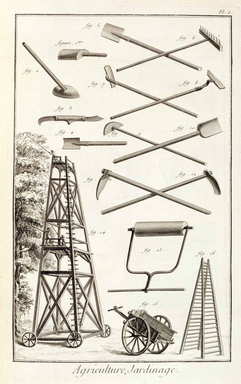 Herramientas de jardinería y una plataforma de poda móvil, de la Encyclopedie des Sciences et Metiers de Denis Diderot (1713-84) publicada c.1770 de French School