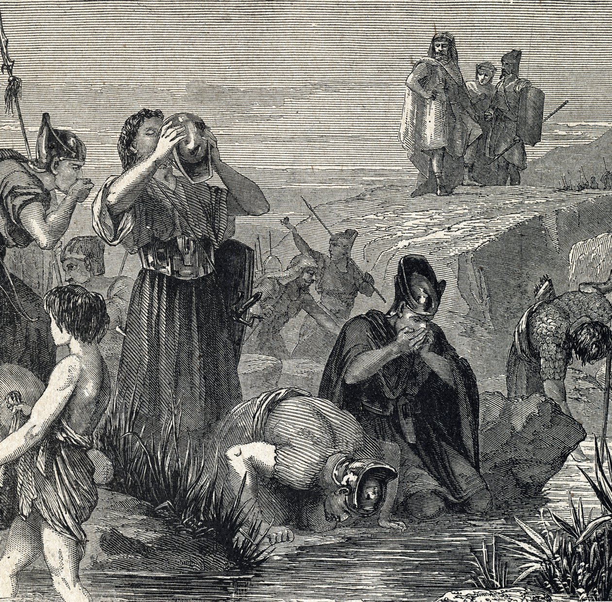 Gedeón (Gedeon) llamado por Dios para derrotar a los Madianitas escoge a sus soldados de entre los que beben mientras se llevan el agua a la boca (Gideon o Gedeon escoge a sus soldados quedándose sólo con los que se llevan el agua a la boca, y mientras lo  de French School