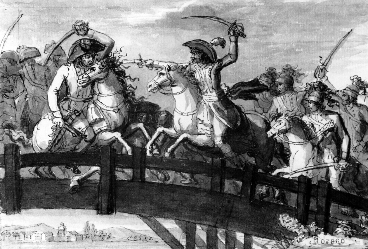 General Alexandre Dumas, el Horacio Cocles del Tirol, matando solo a tres oponentes austriacos en el Puente de Clausen en 1797, c.1797 de French School