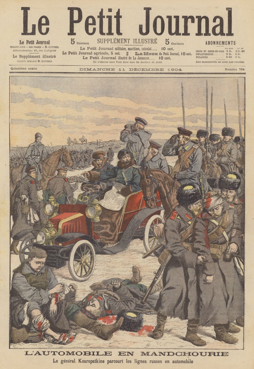 El general Kuropatkin recorre en coche las líneas rusas en Manchuria durante la guerra ruso-japonesa (litografía en color). de French School