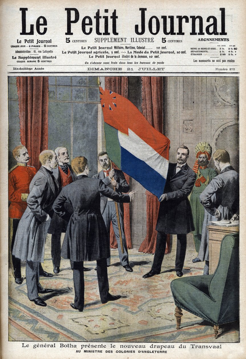 El General Pieter Willem Botha (un bóer) presenta la nueva bandera del Transvaal (Sudáfrica) al Ministro Colonial Inglés Lord Elgin - En "Le Petit Journal" del 21 de julio de French School