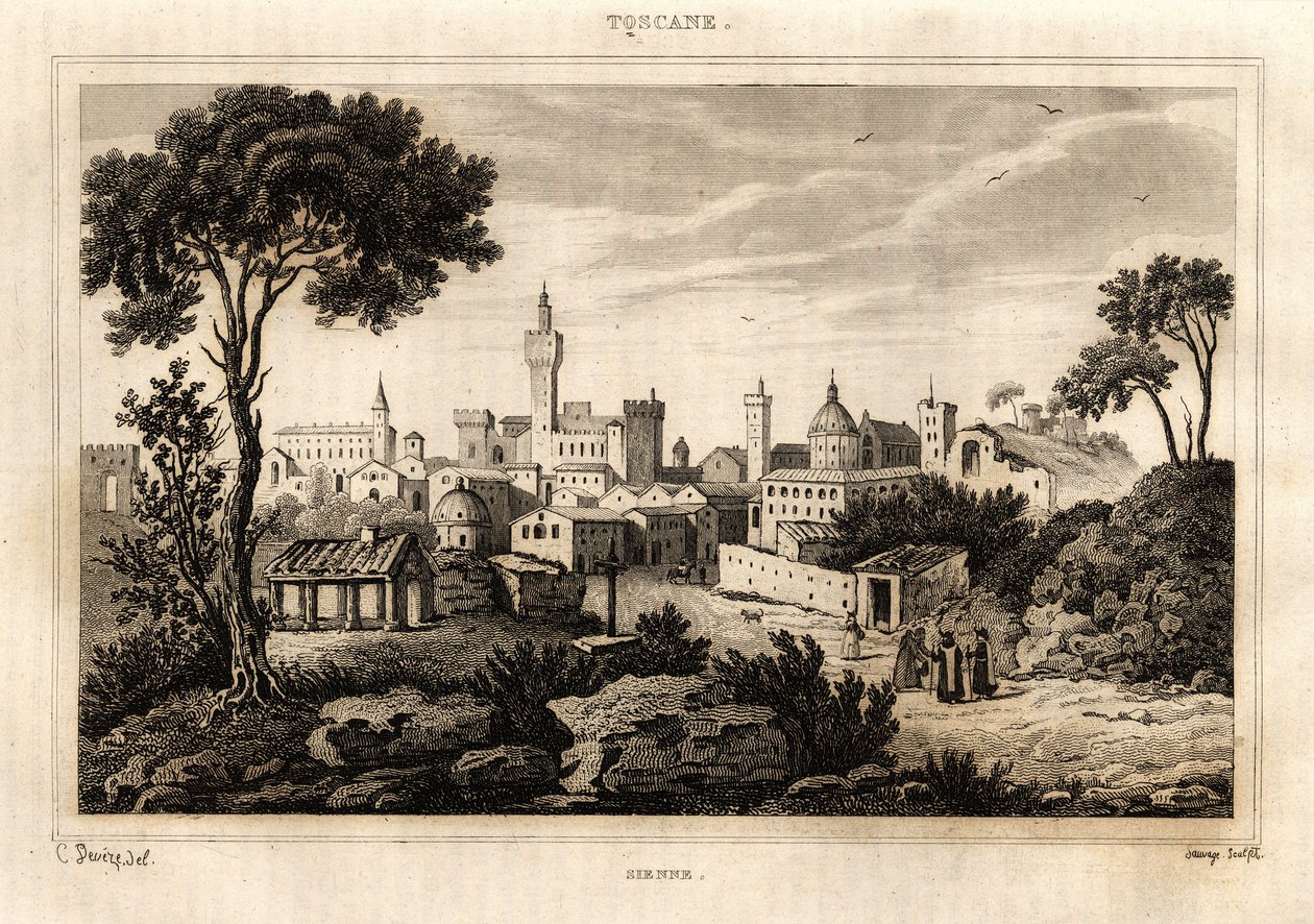 Vista general de Siena en Toscana, grabado por C. Deveze en "Italia pintoresca", editor Amable Coste de French School
