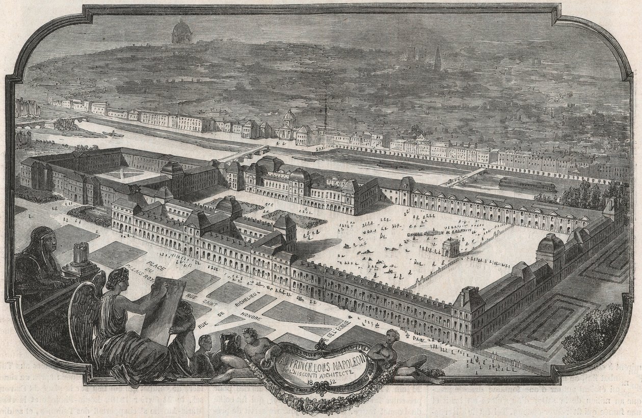 Vista general del Palais du Louvre y las Tuileries en 1852 - Grabado en 