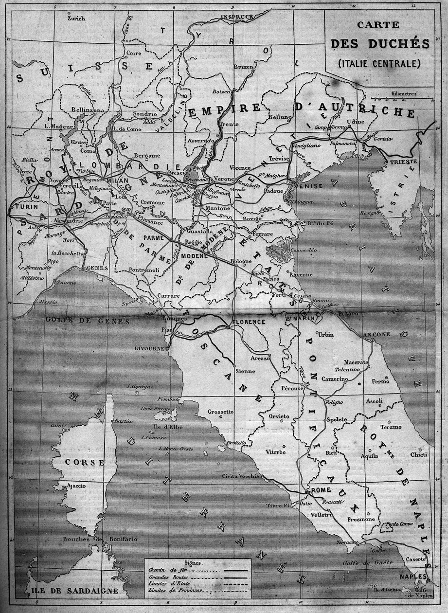 Mapa geográfico de los ducados de Italia Central en 1860. Grabado en "Le Monde Illustré" n°143 del 7 de enero de 1860 de French School