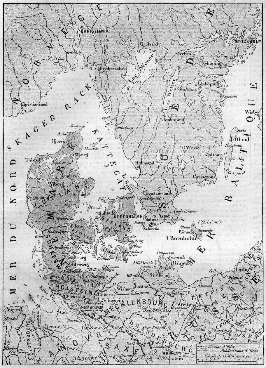 Mapa geográfico de Dinamarca en 1861, con los ducados de Schleswig, Holstein y Lauenburg. Grabado en “Le Monde Illustré” n°200 del 9 de febrero de 1861 de French School