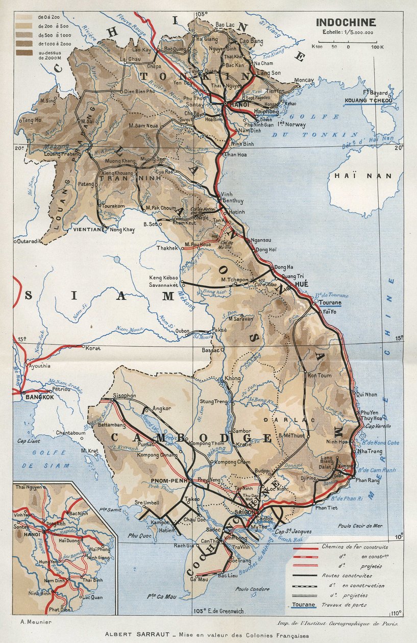 Mapa geográfico de Indochina. En "La mise en valeur des colonies francaises", Albert Sarraut de French School