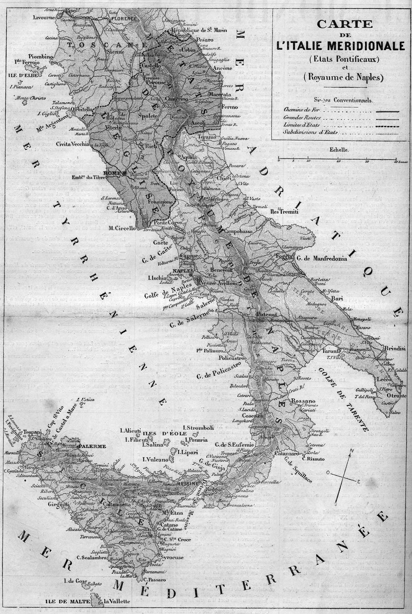 Mapa geográfico de Italia Meridional en 1860: Estados Pontificios y Reino de Nápoles. Grabado en “Le Monde Illustré” n°163 del 26 de mayo de 1860 de French School