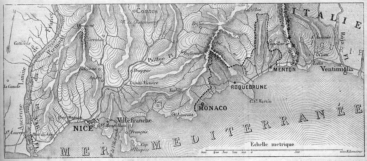 Mapa geográfico del Principado de Mónaco, en 1861, antes de que la ciudad de Roquebrune y Menton se unieran a Francia. Grabado en “Le Monde Illustré” n°202 del 23 de febrero de 1861. de French School