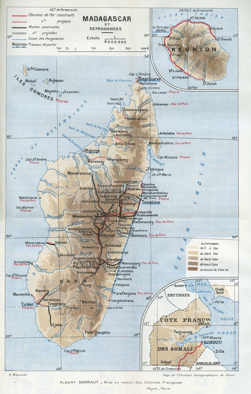 Mapa geográfico de la colonia de Madagascar y sus dependencias, la Reunión y la costa francesa de Somalia. en "La mise en valeur des colonies francaises", Albert Sarraut de French School