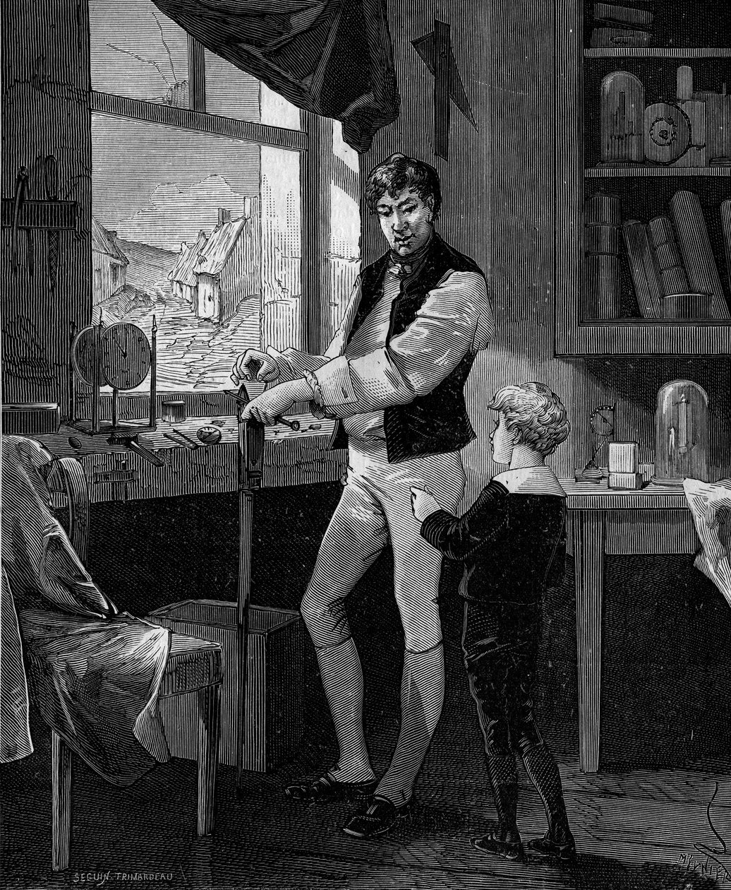 George Stephenson, ingeniero británico (1781-1848) con su hijo de French School