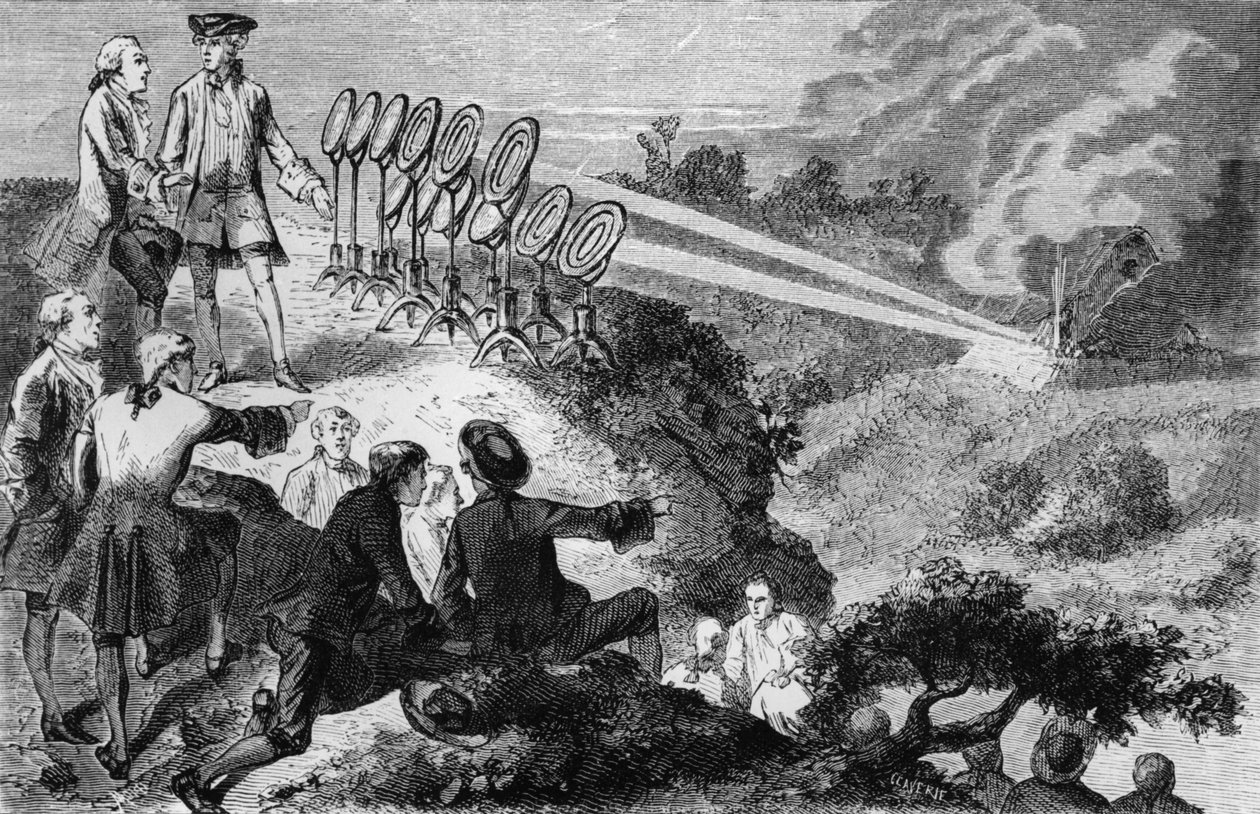 Georges-Louis Leclerc (1707-88) Conde de Buffon experimentando espejos ardientes en montones de heno en Montbard, de La Vie des Savants Illustres por Louis Figuier, publicado en París en 1872 de French School