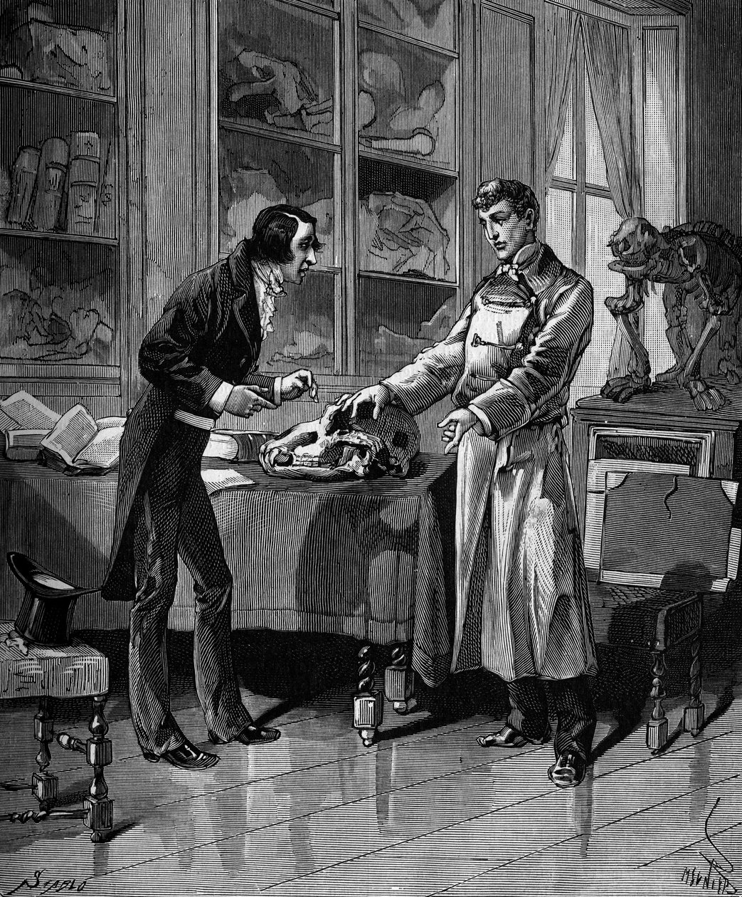 Georges Cuvier (1769-1832), naturalista francés con un joven estudiante. En "Historia popular de las ciencias, invenciones y descubrimientos desde los primeros siglos hasta el presente" por Bitard Adolphe 1880. de French School
