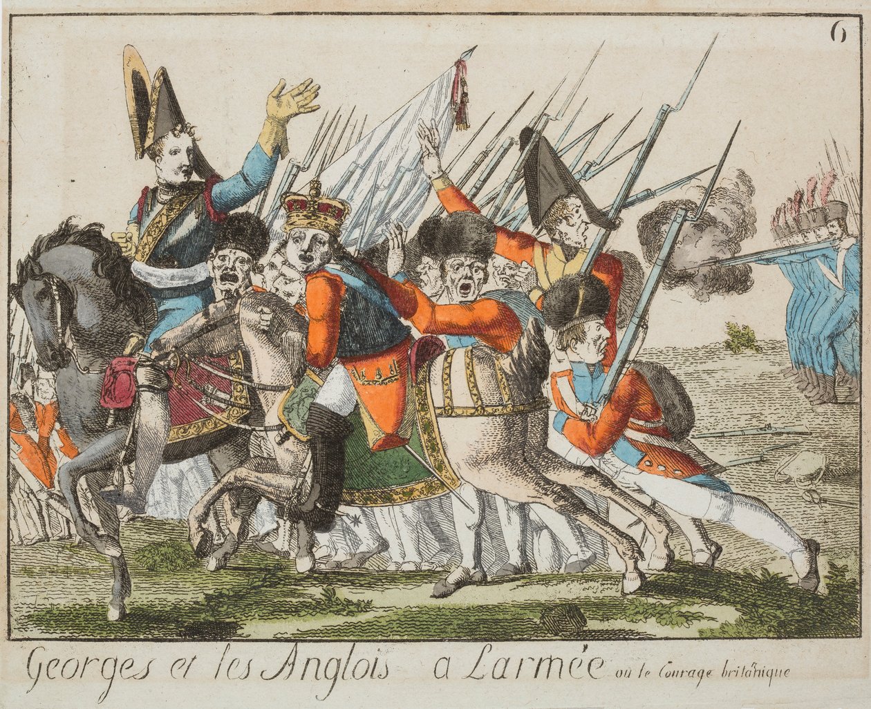 Jorge y los ingleses en el ejército, c.1803-4 (grabado en color) de French School