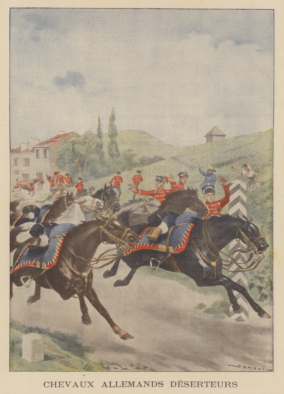 Caballos del ejército alemán "desertando" en la frontera francesa (litografía en color) de French School