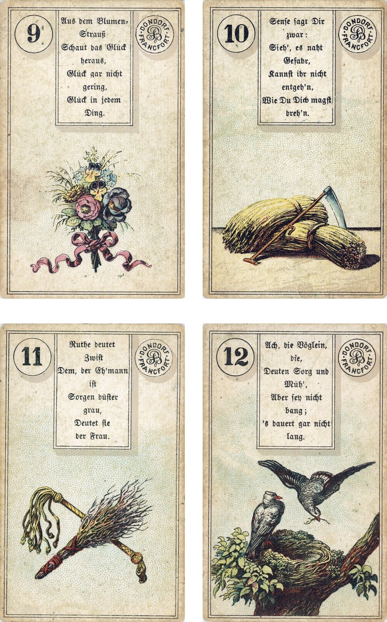 Edición alemana del mazo de cartomancia francés Lenormand: Las Flores, La Guadaña, La Vara de Abedul, El Látigo, Los Pájaros, publicado por Dondorf, Frankfurt, siglo XIX de French School