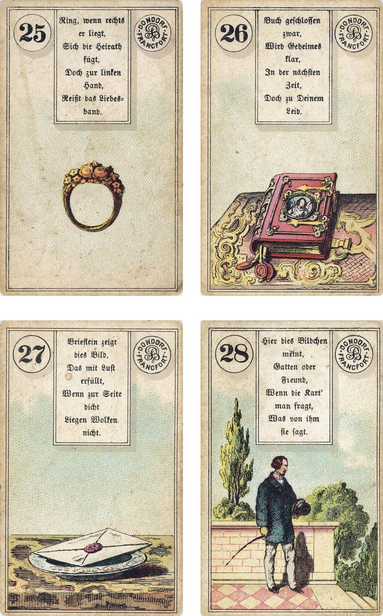 Edición alemana del mazo de cartomancia francés Lenormand: El Anillo, El Libro, La Carta, El Caballero, publicado por Dondorf, Frankfurt, siglo XIX de French School