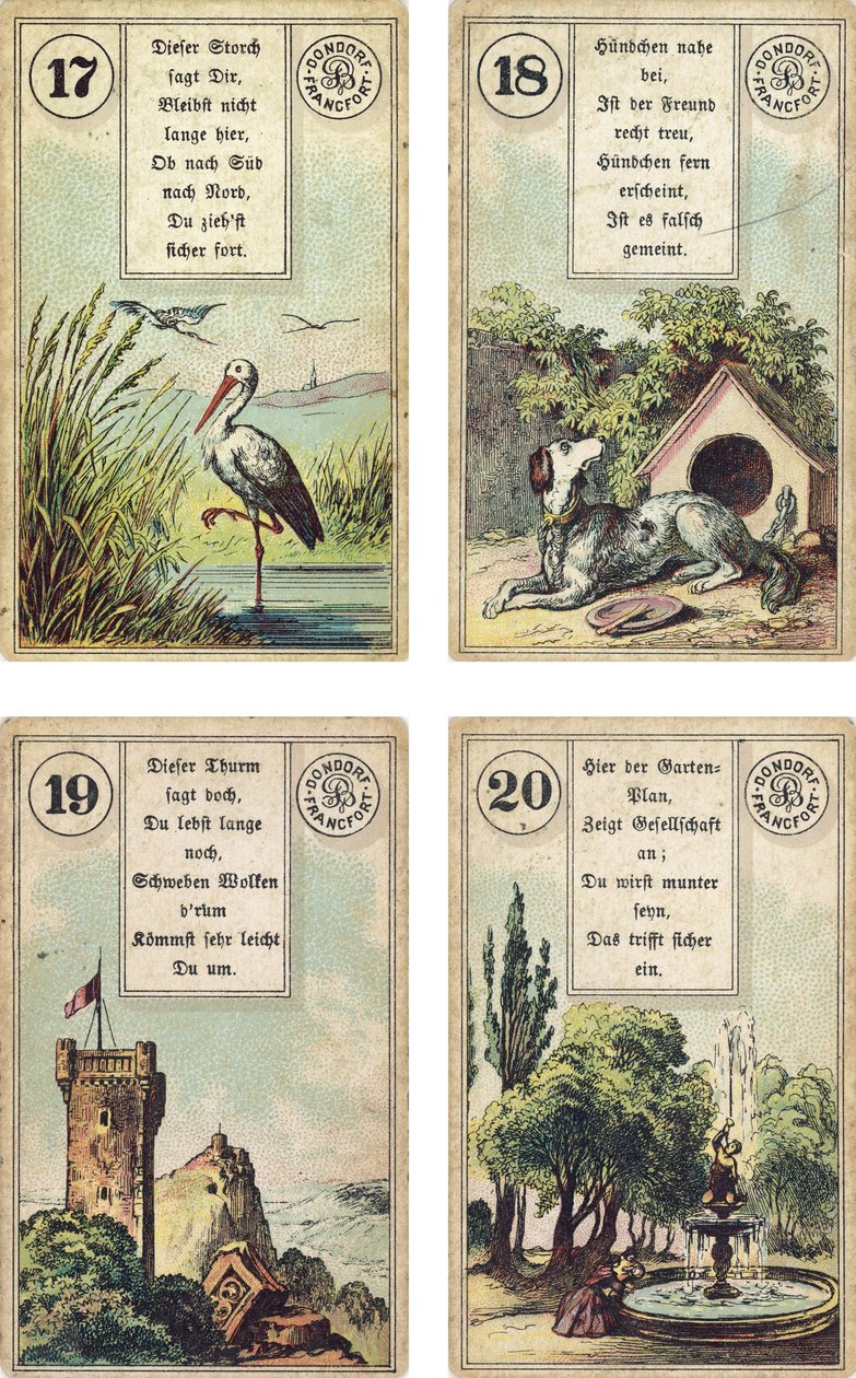 Edición alemana del mazo de cartomancia francés Lenormand: La Cigüeña, El Perro, La Torre, El Jardín, publicado por Dondorf, Frankfurt, siglo XIX de French School